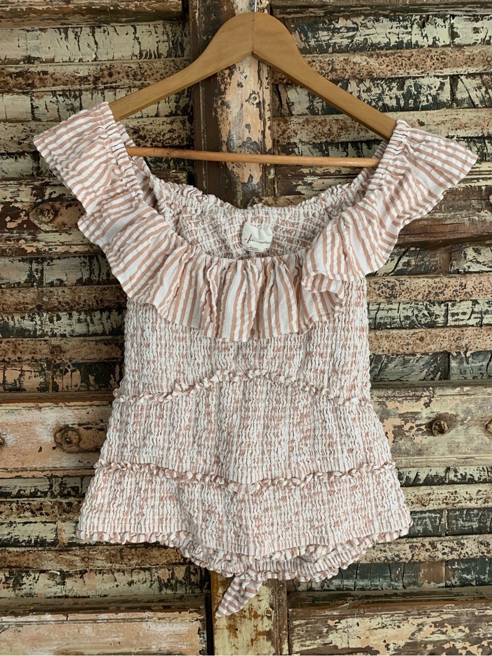 Anthropologie Striped Ruffle Smocked Off Shoulder Striped Cut-Out Top in Blush M